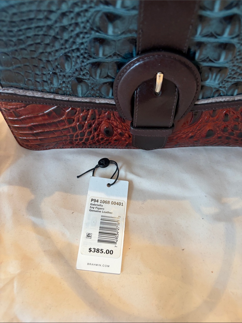 Brahmin Teal and Brown Croc-Embossed Top Handle Satchel with Buckle Accent - Picture 3 of 5